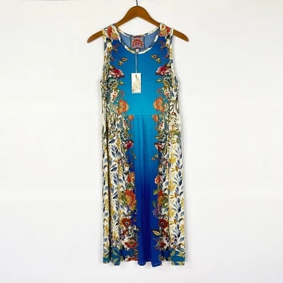 全新 Johnny Was Sky Blu Easy Fit 背心连衣裙 花卉 Midi 无袖 尺寸 M — 第 1/4 张图片