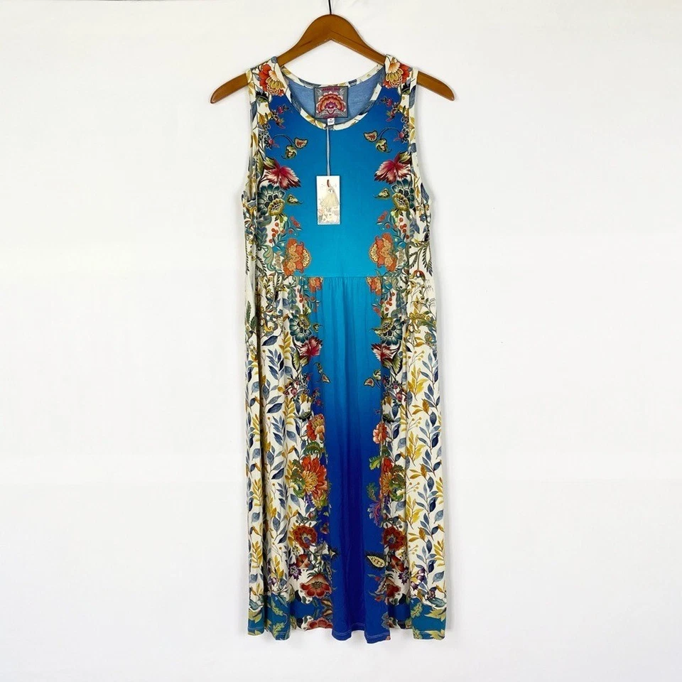 NUEVO Vestido sin mangas Johnny Was Sky azul ajuste fácil floral midi sin mangas talla mediana Foto 1 de 4