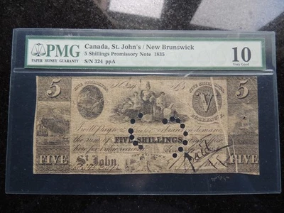 1835 ERROR GUTTER FOLDS 5 SHILLINGS PROMISORY NOTE CANADA ST.JOHN'S PMG VG-10 - Imagem 1 de 4
