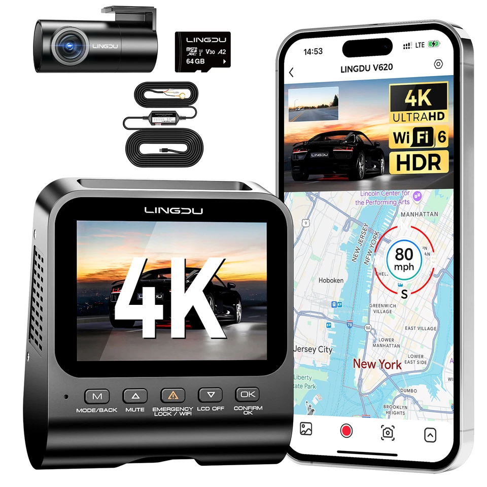 LINGDU 4K+1080P Dual Dashcam ADAS WiFi6 GPS Recorder Parkmodus 64G+Hardwire-Kit