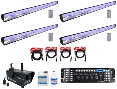4 American DJ ECO BAR UV DMX Bar Black Lights w/Remote+DMX Control+Fogger+Cables - Image 1 of 4