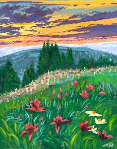 Flowers Sunset Original Landscape Painting signed Impressionist Stylish Art - Picture 1 of 3
