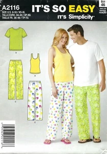 Simplicity 2116 Pajama Pants, Knit Top & Tank Top Misses' 8-18, Men XS-XL UNCUT - Picture 1 of 6