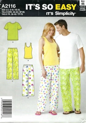 Simplicity 2116 Pajama Pants, Knit Top & Tank Top Misses' 8-18, Men XS-XL UNCUT - Image 1 of 4