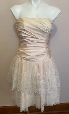 VTG 80s Handmade Pink Lace Tiered Beaded Sequin Strapless Prom Mini Dress XXS￼ - Image 1 of 4
