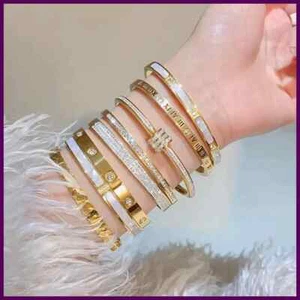 Luxury Gold Plated Bangles Jewelry Women's Hand Bracelet Stainless Steel Bangle - Picture 1 of 32