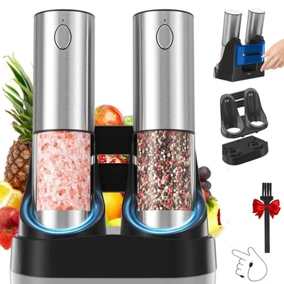 Juego de molinillo eléctrico recargable de sal y pimienta con base de carga paquete de 2 * Foto 1 de 4