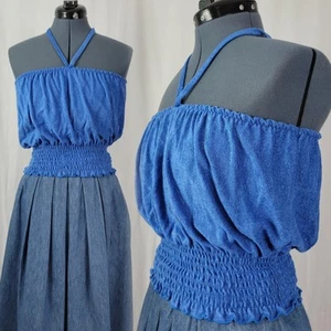 Vintage Blue Terry-like Tube Top w Optional Tie Neck & Elastic Smocked Waist OS - Picture 1 of 15
