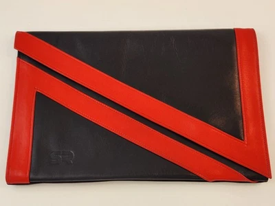 Autêntica Bolsa de Embreagem Sonia Rykiel Preta Vermelha Bolsa de Mão Couro Envelope Bezerro - Imagem 1 de 4