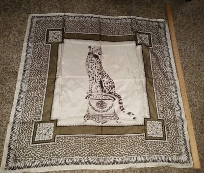 全新带标签 Ellen Tracy 复古丝绸猎豹围巾 米色-棕色 34 英寸 x 34  — 第 1/4 张图片