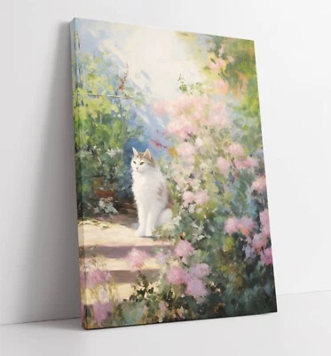 CLAUDE MONET STYLE CAT IN GARDEN 5, LILAC -DEEP FRAMED CANVAS WALL ART PRINT - Image 1 of 2