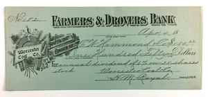 Banca Agricoltori E Drovers Antico Illustrato Dividendi Assegno Worcester Carbone Co MA - Foto 1 di 2