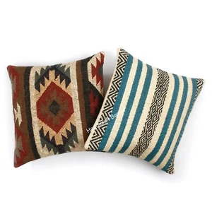 Jute Kilim Rugs Floor Pillows Cases Kilim Room Cushion Cover Lot of 2 - Picture 1 of 7