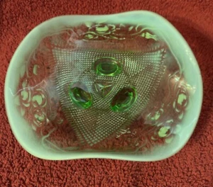 Jefferson Glass Green Opalescent Finecut and Roses Footed Novelty Bowl - Picture 1 of 5