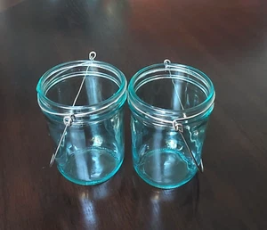 Mason Jar Blue Glass Candle Lanterns w/ Handles #HS - Picture 1 of 5