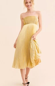 Anthropologie Let Me Be Metallic Gold Foil Pleated Strapless Midi Dress NWT Med - Picture 1 of 5