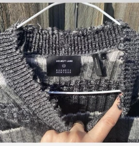 Helmut Lang X Barney’s Striped Knit Jumper Sweater Large Grey Black Distressed - Picture 1 of 4