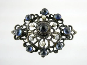 Antique Victorian Sterling Silver Sapphire Seed Pearl Openwork Pin Pendant 9.1g - Picture 1 of 14