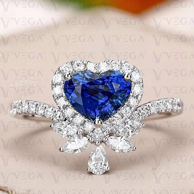 Anillo Art Deco Diamante Zafiro Natural Corte Corazón 4.10 quilates Chapado en Oro Blanco 18K Foto 1 de 4