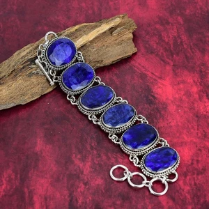 Burmese Blue Sapphire Gemstone Handmade 925 Solid Silver Lab-Created Bracelet - Picture 1 of 5