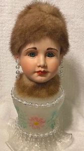 OOAK Doll Head Real Mink Hat & Scarf Hand Painted Glass Base & Makeup Assemblage - Picture 1 of 5