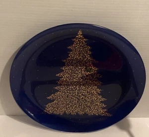 VTG Pilgrim Glass Christmas Tree Silhouette Platter Blue Gold 13" Reverse Paint - Picture 1 of 7