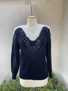 Vtg 80s glam pullover sweater black white beads Mohair sequins S Christine - Picture 1 of 10