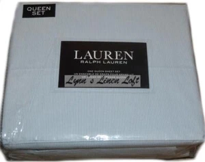 RALPH LAUREN Dockside Blue Ticking Stripe QUEEN SHEET SET 4P New Cotton - Picture 1 of 4