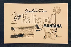 Saludos de Kalispell MONTANA Gatos Vaquero Sello Estatal RPPC Flathead County - Imagen 1 de 2