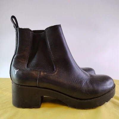 Botas Windsor Smith Tacón Alto Mujer 6 Cuero Negro Plata Logo Toro Foto 1 de 4