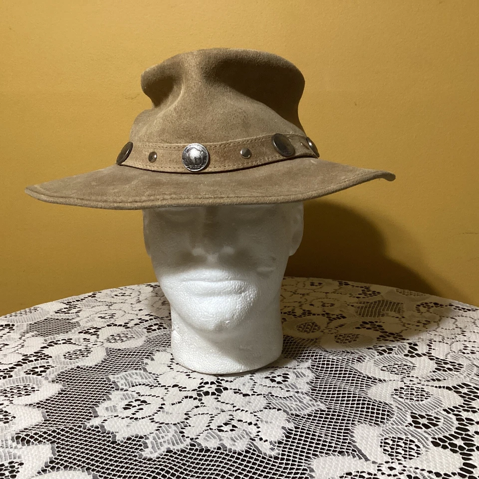 The Outback Buffalo 镍帽 Minnetonka L 码棕色麂皮绒乡村皮革 — 第 1/4 张图片