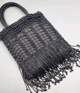 VINTAGE PERLEN GEHÄKELT FRANSEN SCHWARZ HANDTASCHE MARKE GEFÜTTERT TOP ZUSTAND - Bild 1 von 9