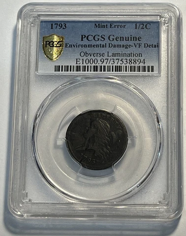 1793 Half Cent Mint Error PCGS Genuine Env Damage VF Detail Obverse Lamination Cover
