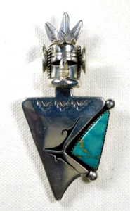 NAVAJO NELSON MORGAN STERLING TURQUOISE Stamped HANDMADE KACHINA PIN PENDANT - Picture 1 of 6