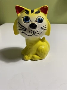 VTG Rare Piggy Bank Kitty Cat Ceramic Yellow Black Production - Picture 1 of 5
