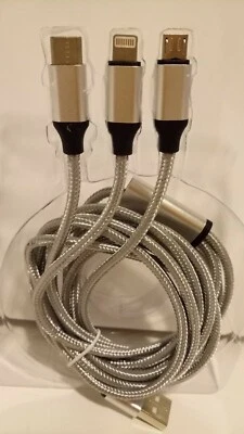 6"FT BRAIDED 3 IN 1 USB CABLE COMPATIBLE WITH IPHONE-ANDROID & TYPE-C DEVICES - Image 1 of 4