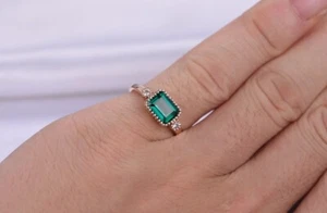 1.45 Ct Emerald Cut Real Emerald & Diamond Engagement Ring 14K Solid Rose Gold - Picture 1 of 13