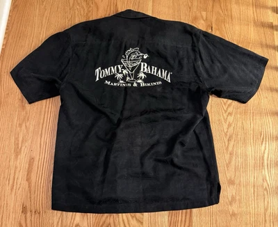 Tommy Bahama 100% Silk Shirt M Black “Martinis & Bikinis” Embroidered Back - Image 1 of 4