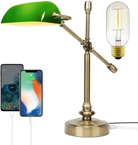 FIRVRE Swing Arm Lampada retrò ottone da scrivania con 2 porte di ricarica USB - Foto 1 di 7