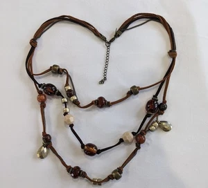 Necklace NEXT 4 Strand Leather Cord Adjustable Clasp Brown, Cream, Silver beads - Picture 1 of 6