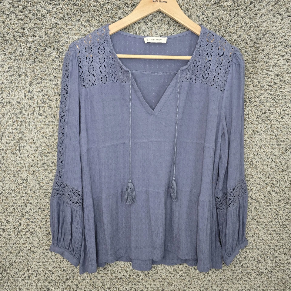Lucky Brand Top 女式中号蓝色 V 领衬衫领带流苏休闲 — 第 1/4 张图片