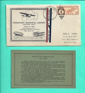Johnstown PA Airport 1934 Flood Cover Cachet Etiquette Air C19 Plane Dirigible - Bild 1 von 2
