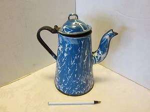 ANTIQUE ENAMELSWIRL COFFEE-POT W/goose NECK Blue and white 9" t - Picture 1 of 9