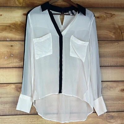 Top BCBG Maxazria 100 % seda medio blanco negro transparente clásico femenino carrera Foto 1 de 4