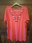 Woman Within Top Womens Plus Size 18/20 Pink Floral Embroidered Shortsleeve NWOT