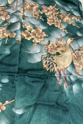 Antique Kimono Fabric By Hoffman CA vintage 44 In By 78 In Teal & Cranes - Image 1 of 4
