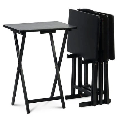 PJ Wood Folding TV Tray Tables w/Compact Storage Rack, Black, 5 Pc Set(Open Box) - Image 1 of 4