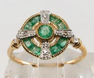 9CT 9K GOLD COLOMBIAN EMERALD DIAMOND ART DECO INS CIRCLE CELTIC RING SIZE L - Picture 1 of 5