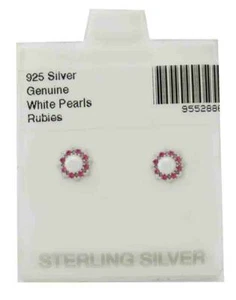 GENUINE WHITE PEARLS & RUBIES EARRINGS .925 Silver ** NEW WITH TAG ** - Picture 1 of 3