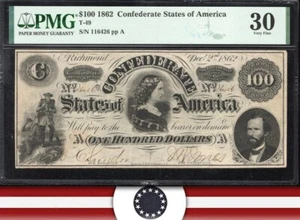 T-49 1862 $100 CONFEDERATE CURRENCY PMG 30 LUCY PICKENS CIVIL WAR 6426 - Picture 1 of 3